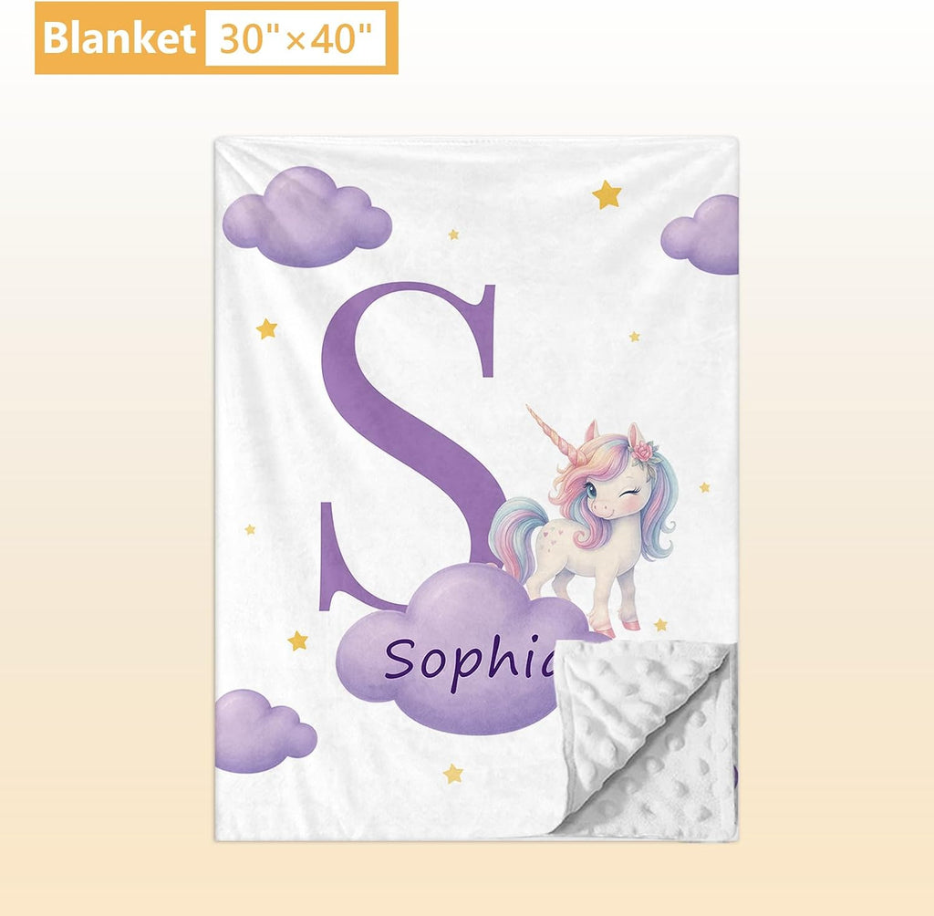 Terwex 5 Piece Customized Crib Bedding Set for Girls - Custom Name Baby Crib Purple Unicorn Nursery Bedding Set with Soft Blanket, Fitted Sheet, Rug, Personalized Gifts for Toddlers, Newborns, Infants