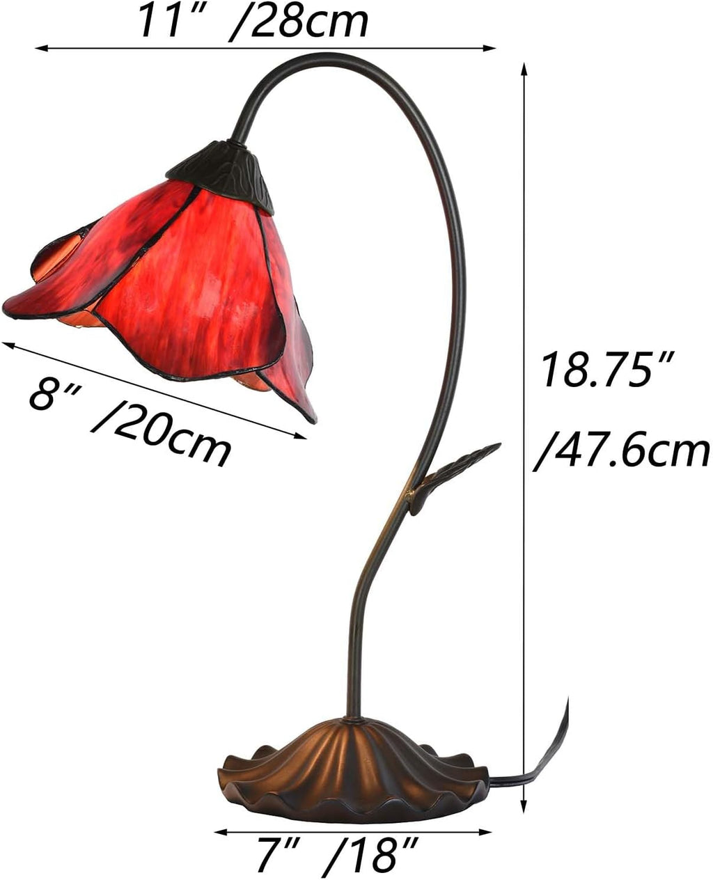 Bieye L12018 Flower Tiffany Style Stained Glass Table Lamp with 8-inch Wide Bent Glass Lampshade Lily Pad Base (Red, 1-Light)