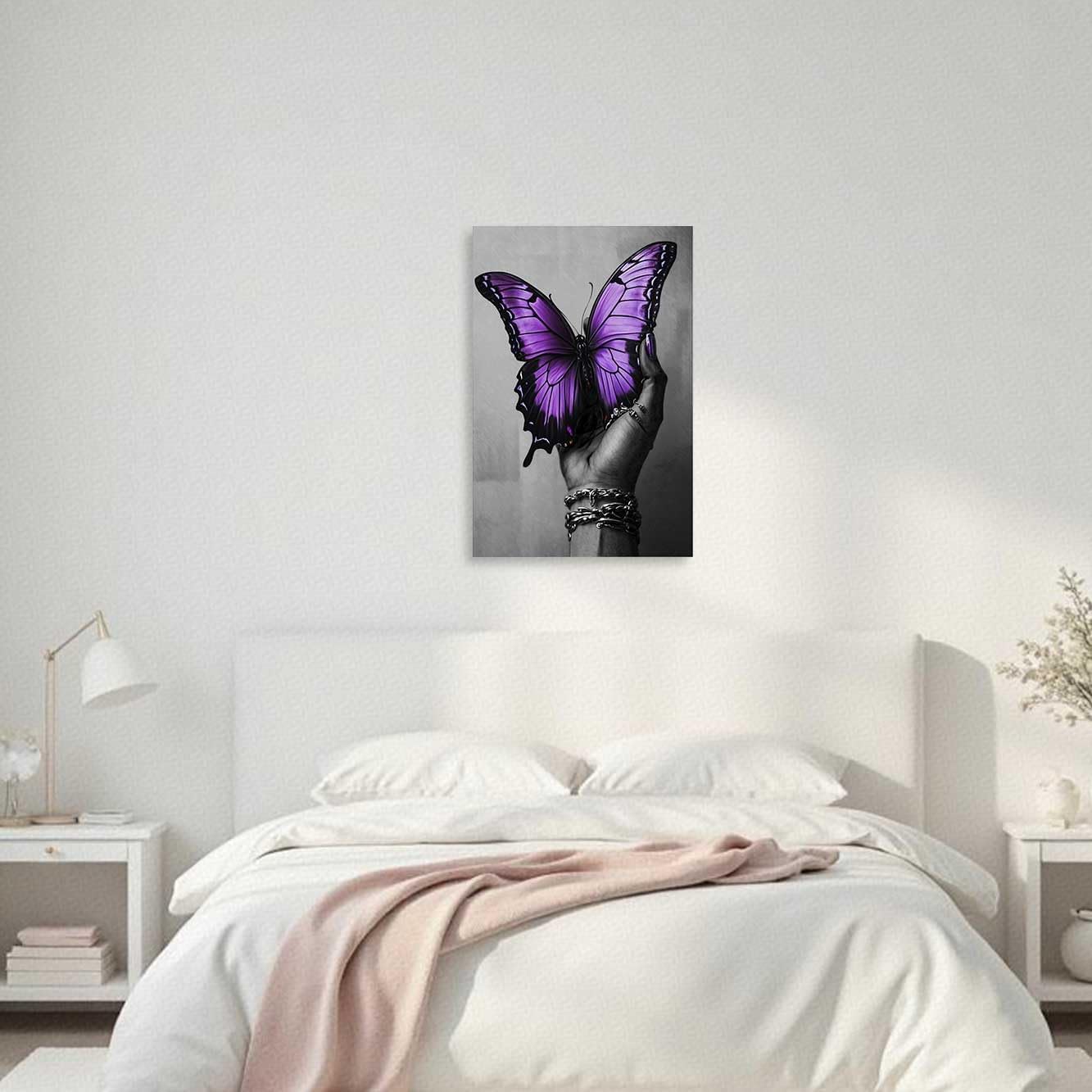 AWPANERAR Abstract Women Canvas Wall Art Black Woman Hand and Butterfly Picture Prints Black Girl and Butterfly Painting African American Artwork Bedroom Decor Framed (Purple, (42L x 28W))