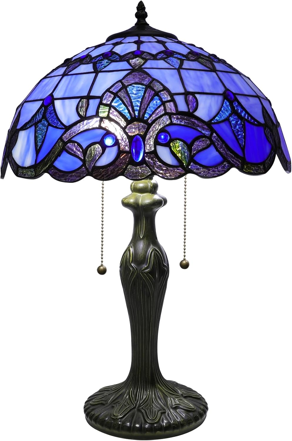 Stained Glass Table Lamp, Adjustable 3 Color Temperature,Blue Baroque Style Lampshade & Plant Texture Curve Antique Base Desk Reading Light 16X16X24 Inches Decor for Bedroom Living Room Office