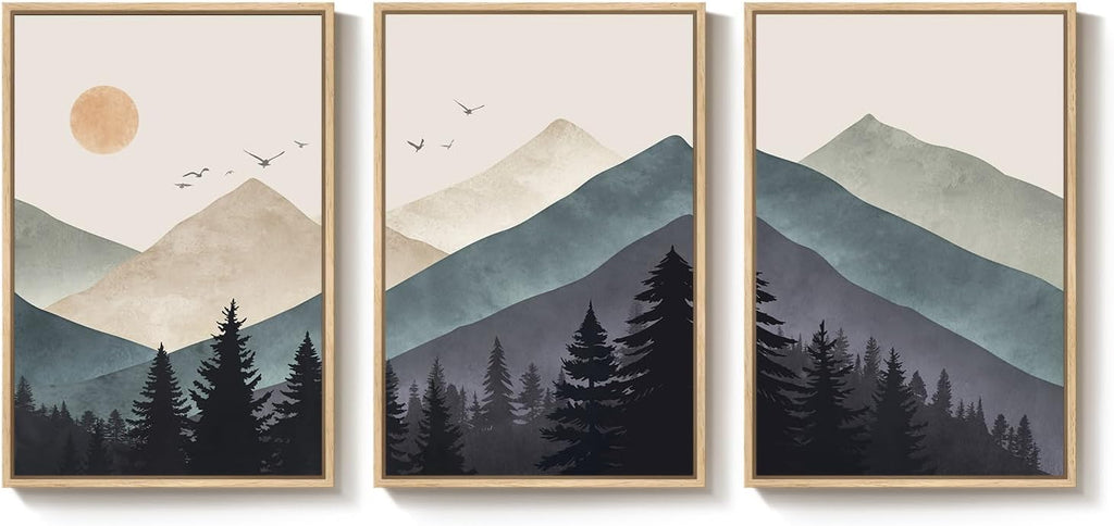 Framed Boho Abstract Neutral Landscape Wall Art for Living Room, Large 3 Piece Mountain Forest Canvas Artwork for Walls, Modern Minimalist Nature Pictures Bedroom Hallway Office Wall Decor, 20x30 Inch