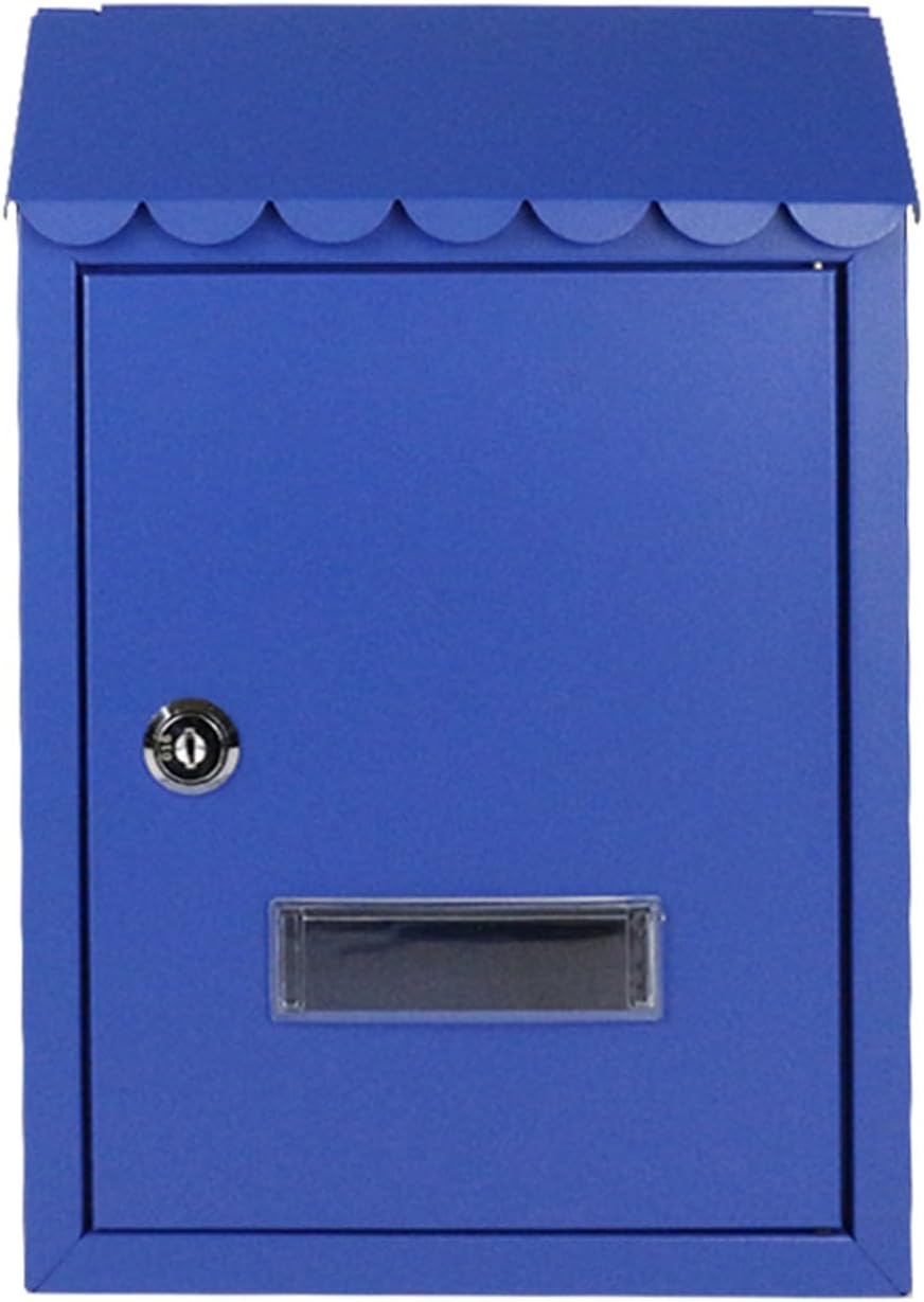Wall Mount Metal Mail Box, Vintage Post Box with Lock and Cover, Iron Letter Container Home Mailbox Wall Mounted Security, for Families(Blue)