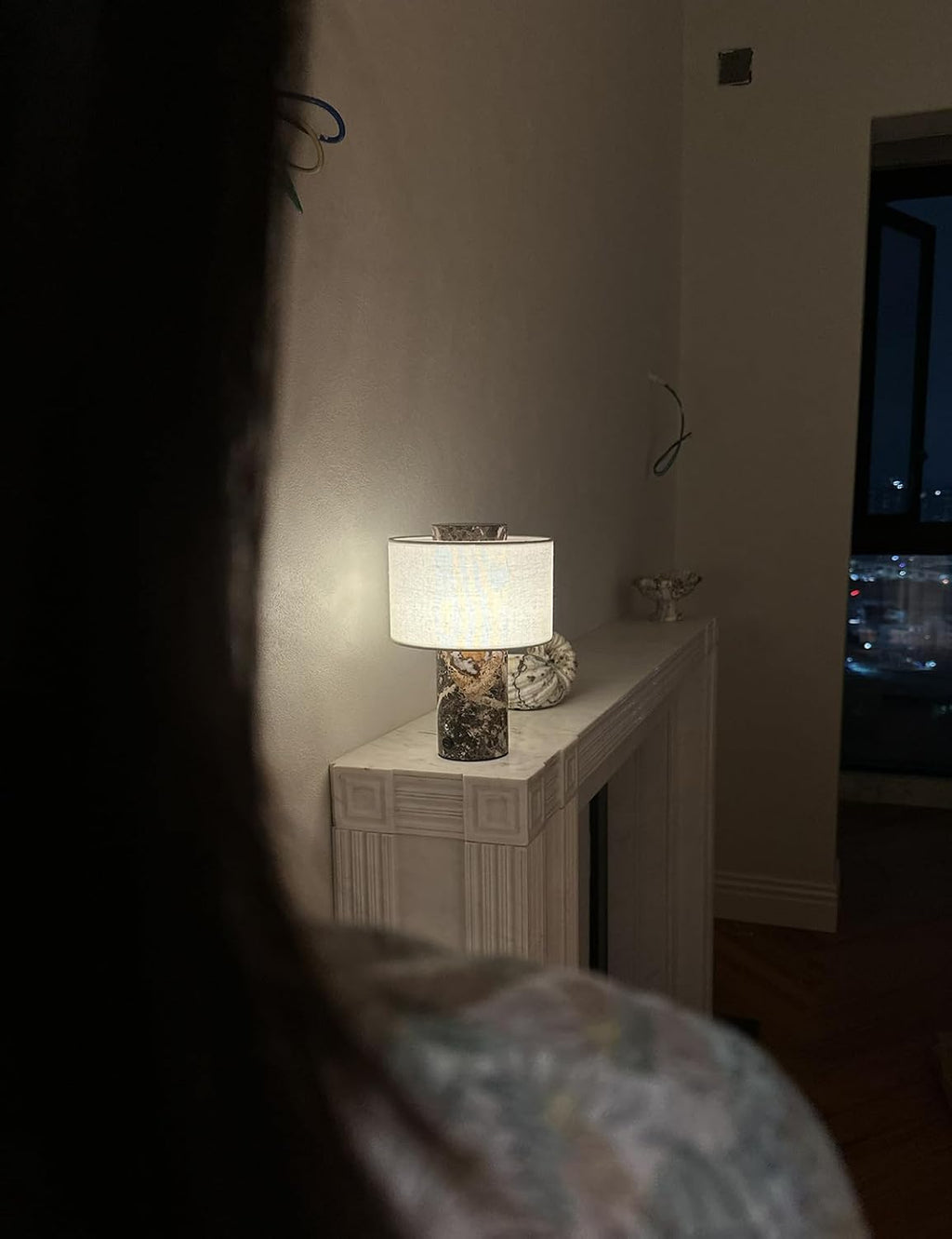 BSOD Marble Lamp, Stone Table Lamps Collection - Modern Cylindrical Lampshade Cordless Luxury Design Bedside Lamp for Home Decor, Bedroom, Living Room & Office (Plug-in Emperador Dark Lamp)