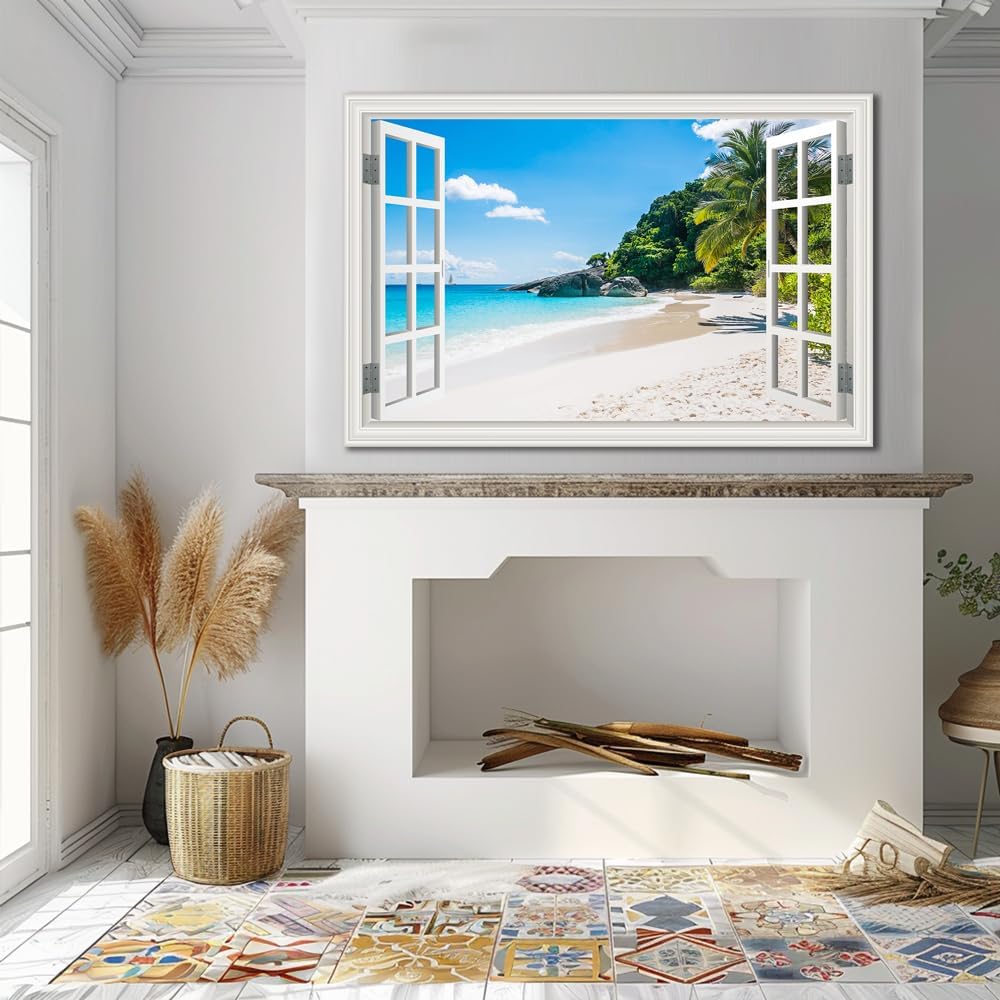 Beach Wall Art Pictures Decor for Living Room Fake White Window Frame Style Blue Ocean Canvas Wall Painting Theme for Bedroom Extra Large Tropical Palm Tree Art Pirnts Coastal Seascape Artwork for Home Office Basement Decorations32x48inch