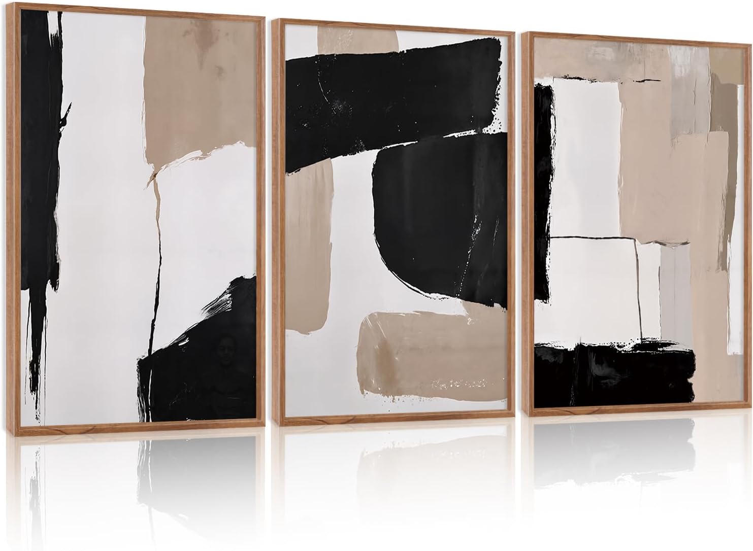 HLNIUC Large Abstract Neutral Framed Canvas Wall Art,Brown Brush Stroke Wall Decor,Minimalist Textured Block Artwork Set of 3(24x36),Modern Beige Black White Prints for Living Room,Bedroom,Office