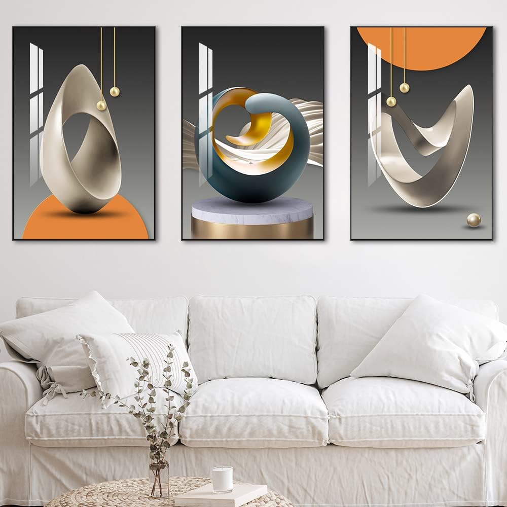 MPLONG Wall Art, Bright Style Framed Wall Art, Abstract Modern Art Shape Pattern White Blue Yellow Grey Wall Art Artfully Matching Living Room Bedroom Office Wall Decor - 20'x 28'x 3 Panels