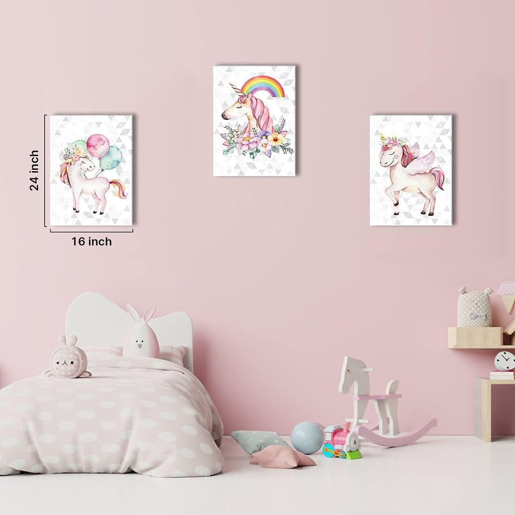 Unicorn Wall Decor Framed Canvas Art Prints Sweet Pink Horse Flower Balloon Rainbow Pictures Posters Modern Artwork Paintings Home Wall Decoration Girls Room Kids Bedroom Gift Set of 3 Panels 20x28