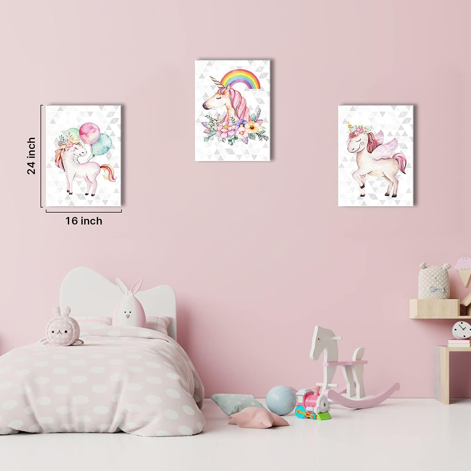 Unicorn Wall Decor Framed Canvas Art Prints Sweet Pink Horse Flower Balloon Rainbow Pictures Posters Modern Artwork Paintings Home Wall Decoration Girls Room Kids Bedroom Gift Set of 3 Panels 20x28