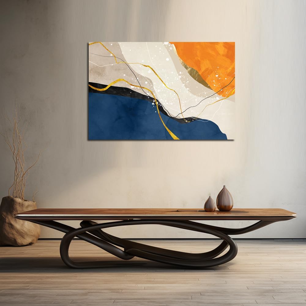 Abstract Canvas Wall Art for Living Room Large Nave Blue Abstract Wall Decor Picture Modern Orange Painting Artwork for Bedroom Home Office Decoration, Ready to Hang (Blue and Orange, 32'×48')