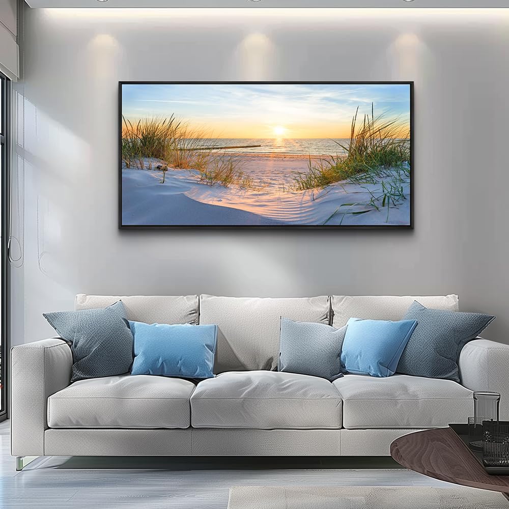 MHARTK66 Canvas Wall Art For Living Room Large Wall Decor For Office Bedroom Poster Art Prints Sun Seascape Wall Painting Blue Ocean Pictures Artwork For Walls Black Wood Framed 24' X 48'