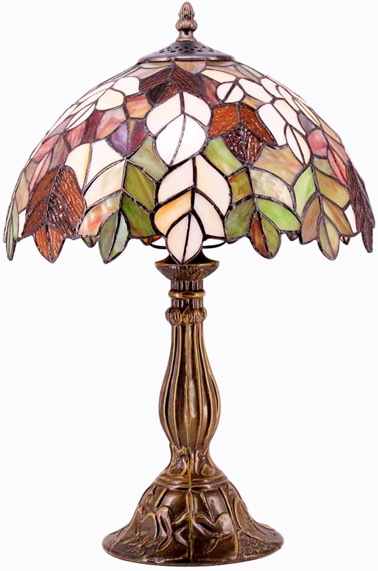 WERFACTORY Tiffany Table Lamp Stained Glass Style Maple Leaf Bedside Lamp Desk Reading Light 12X12X18 Inches Decor Bedroom Living Room Home Office S804 Series