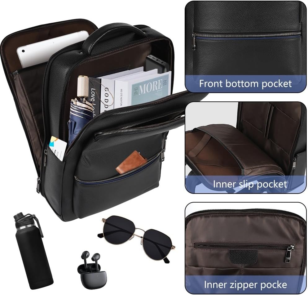 Full Grain Genuine Leather Backpack for Men Multi-Functional 15.6' Laptop Backpack with USB Charging, Black Business Travel Backpack Work Rucksack Daypack