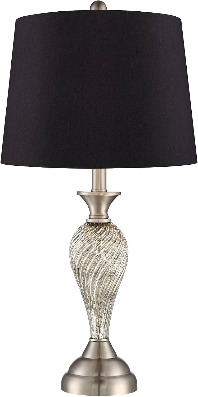 Regency Hill Arden 25' High Twist Modern Table Lamps Set of 2 Silver Brushed Nickel Finish Mercury Glass Black Shade Living Room Bedroom Bedside Nightstand House Office Home Reading Kitchen Entryway