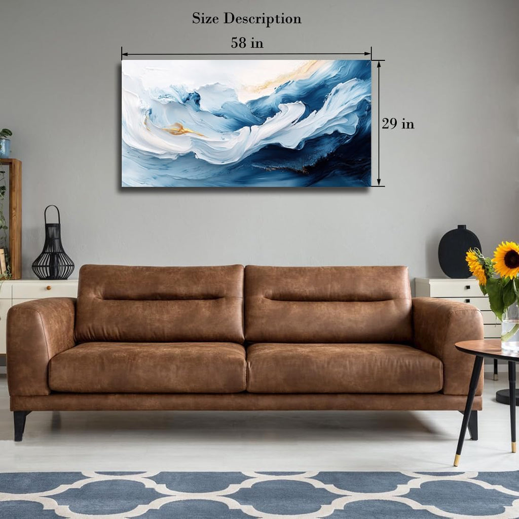 RUIFENGL Blue White Gold Abstract Canvas Prints Wall Art for Living Room Office Decor Blue and White Gold Artwork Paintings Pictures for Bedroom Bathroom Home Office Wall Decoration 29'x58' Xlarge