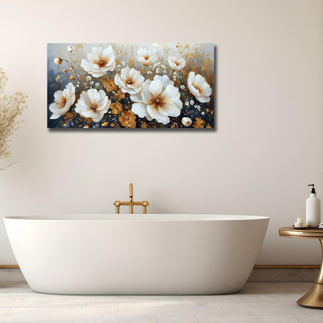 RUIFENGL Flower Canvas Wall Art White and Gold Floral Pictures Canvas Prints Wall Art for Living Room Bedroom Bathroom Home Office Decoration Painting Artwork 29'x58' Xlarge