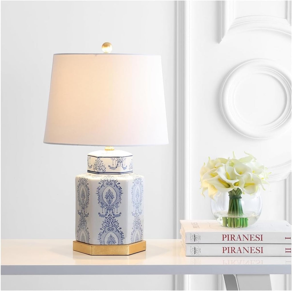 SAFAVIEH Lighting Collection – Bodin Set of 2 Blue & White Ceramic Table Lamps with Gold Leaf Accents, 23-Inch Bedroom or Living Room Lamps, LED Bulbs Included (TBL4150A-SET2)