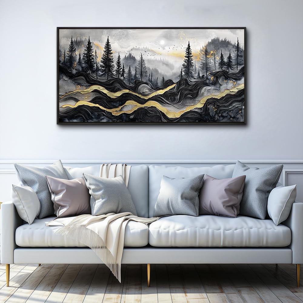 KELIYUAAN Large Canvas Wall Art For Living Room Black Framed Wall Decor For Bedroom Office Wall Decorations Prints Pictures Abstract Mountain Landscape Painting Home Decor Aesthetics 24'X48'