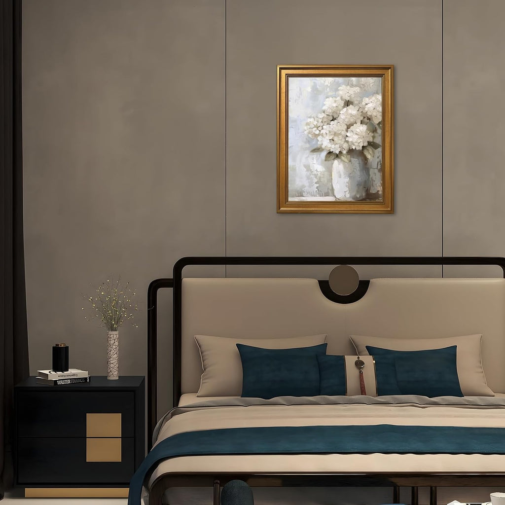 Gold Framed White Hydrangea Wall Art Print Retro Moody Antique Botanical Floral Canvas Poster Vintage Impasto Flowers Oil Painting Picture Artwork Farmhouse French Country Home Decor 24x36inch