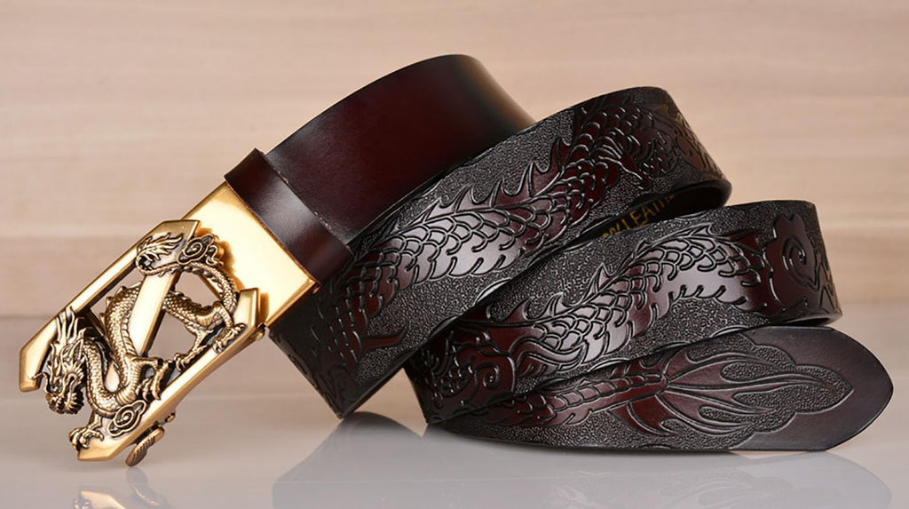 Mens Ratchet Leather Belt, Genuine Leather belts, Engraved Vintage Dragon Eagle Tiger Buckle, Business leisure belt