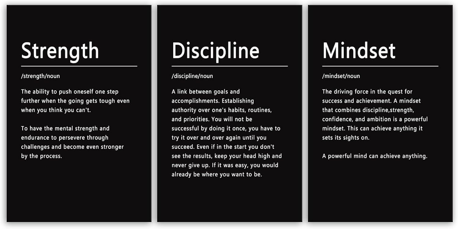 Canvas Painting Wall Art Success Quote Motivational Wall Art Strength Discipline Mindset Noun 3 Pieces Black Poster Positive Inspirational Framed Artwork Prints Picture for Home Office[72''Wx 36''H]