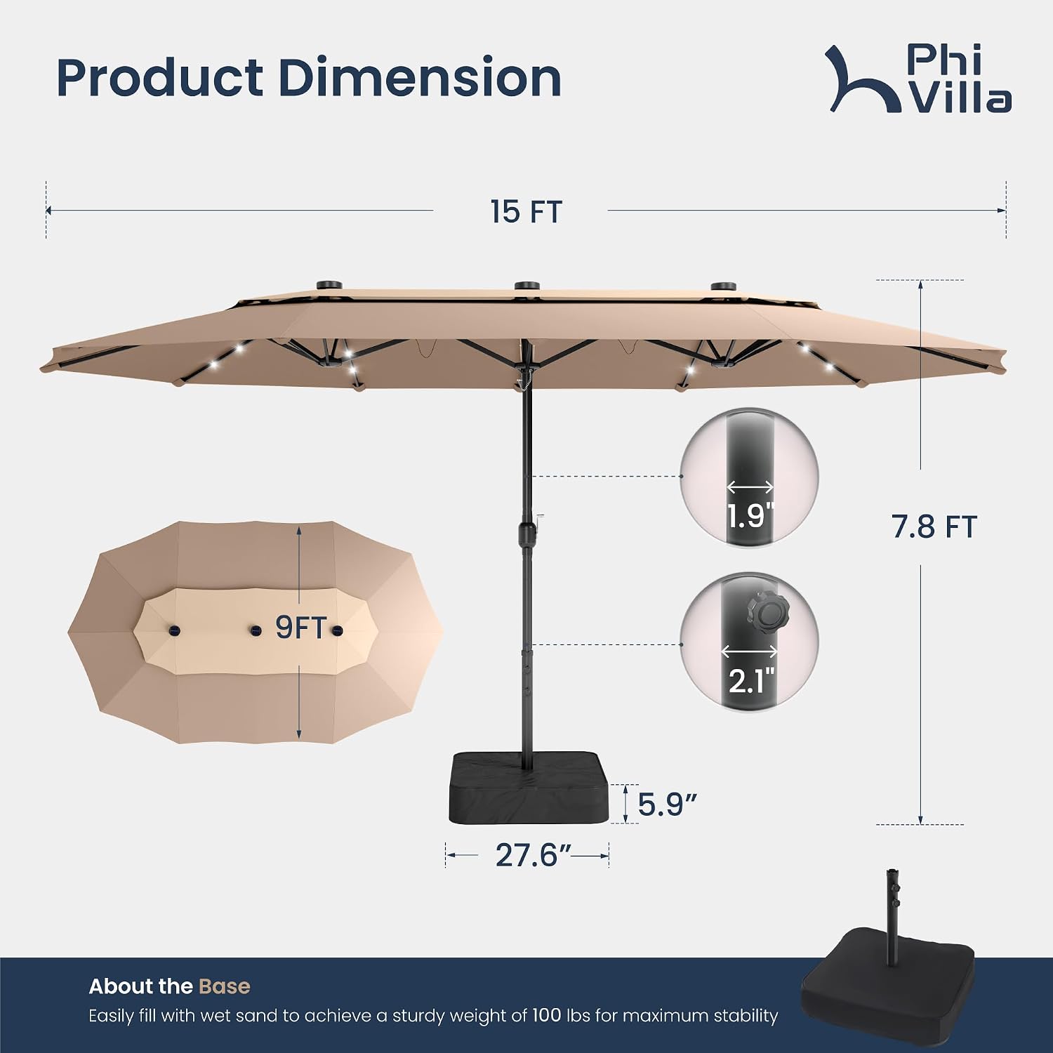 PHI VILLA 15ft 2-Tier Large Patio Umbrella with Solar Lights, Double-Sided Outdoor Market Rectangle Umbrellas with 36 LED Lights, Umbrella Base (Stand) Included, Beige&Tan