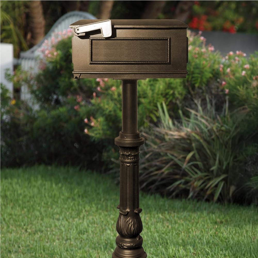 HPST1-700-LM-BRZ The Hanford Rust Free Cast Aluminum Lewiston Mailbox and Post with Ornate Base, Ships in 2 Boxes, Bronze