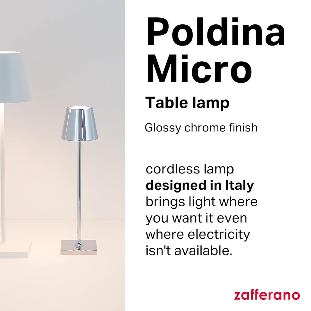 Zafferano, Poldina Micro Lamp with Glossy Chrome Finish, Rechargeable Cordless Table Lamp with Touch Controls, Usable as an Indoor Lamp, Dimmer, 2200-3000 K, Height 10.8 Inches