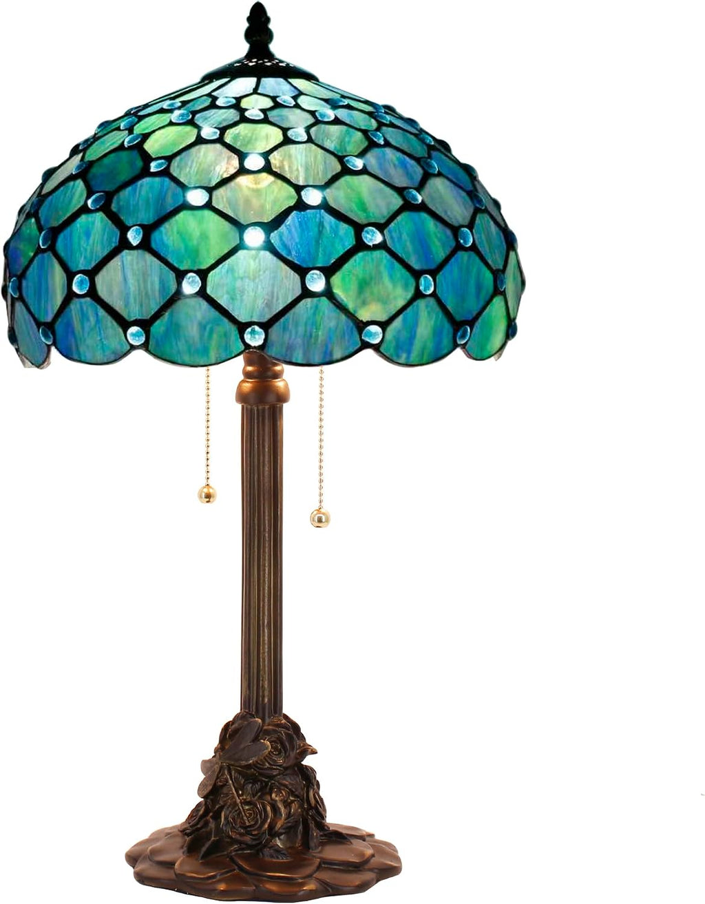 Tiffany Table Lamp Stained Glass Desk Lamp 12X12X21Inch Resin Base for Bedroom Living Room Reading Light (Sea Blue Pearl)
