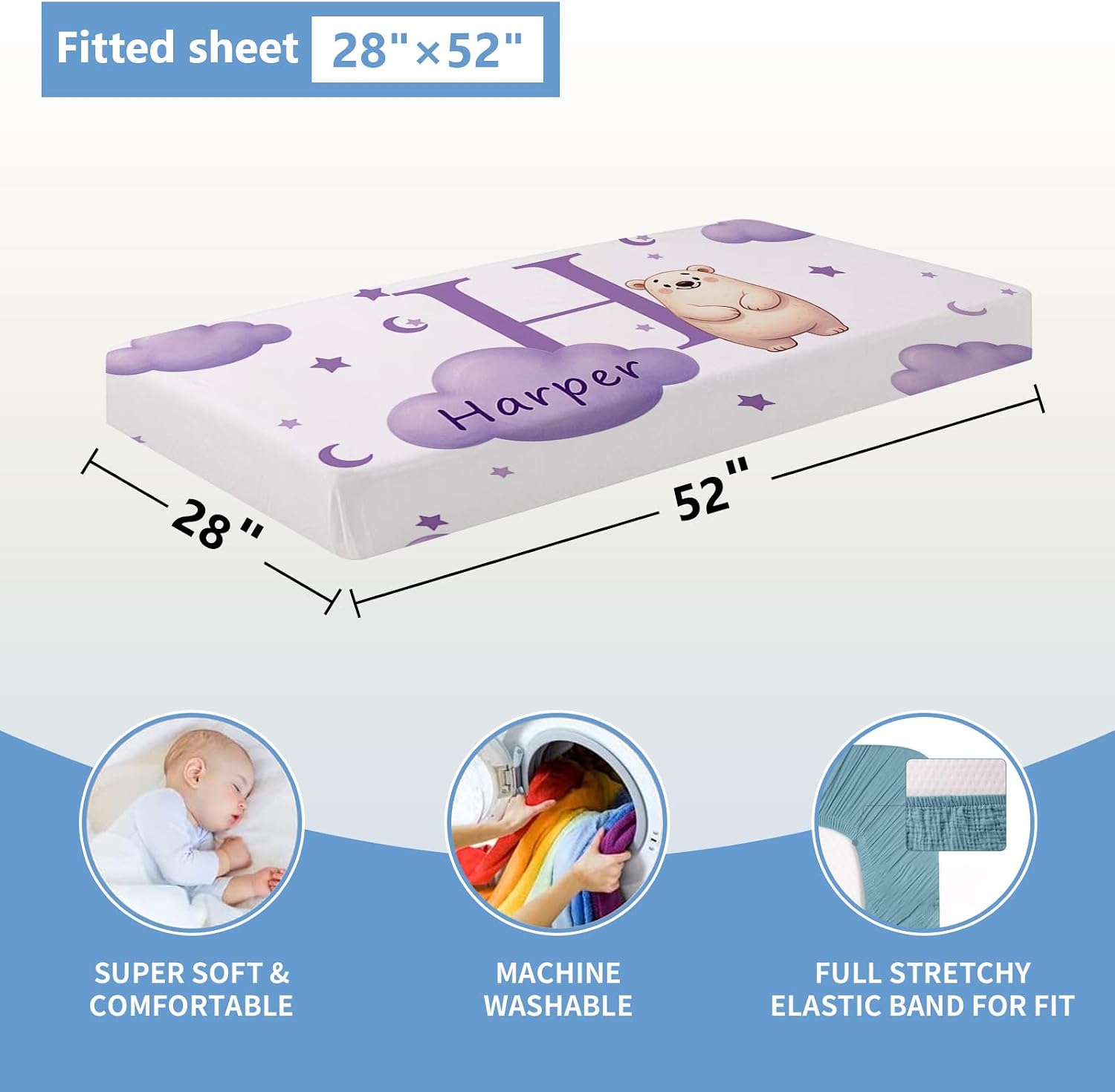KAINSY Custom Crib Bedding Set, 5 Pcs Personalized Name Monogram Baby Crib Sets for Infants Toddlers, Purple Bear Nursery Bedding Set for Boys Girls, Soft Flannel Baby Bedding Sets Customized Gifts