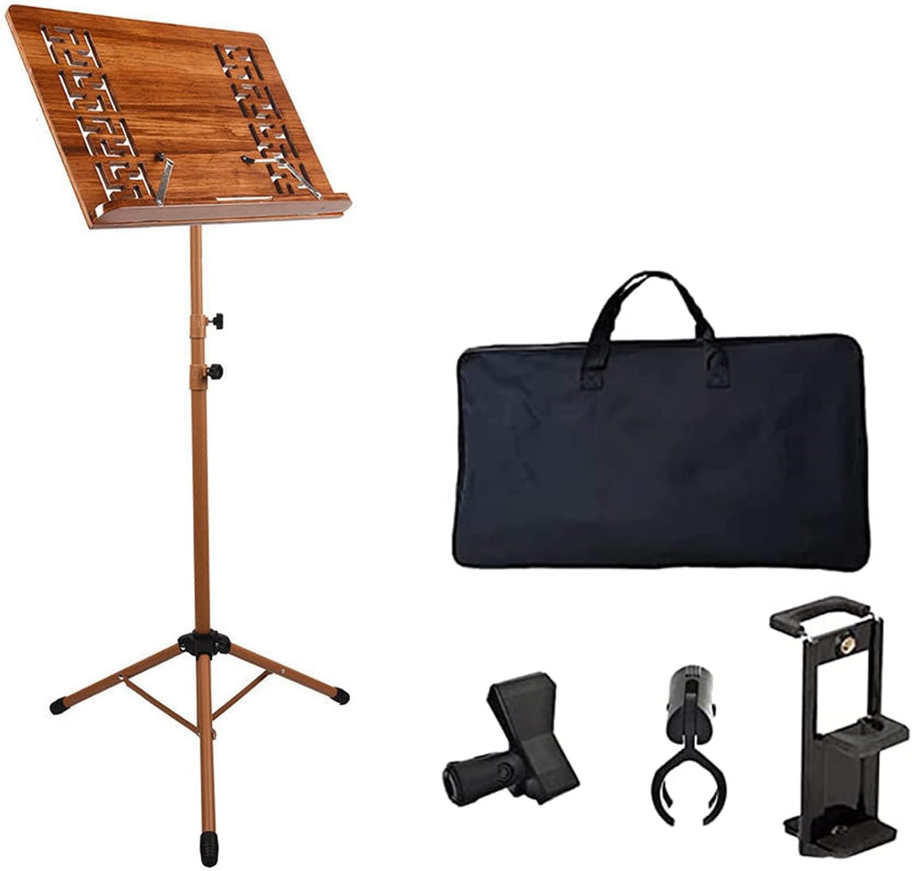Extra Stable Metal Music Stand, Two-in-one Dual-use Bamboo Book Stand, Sheet Music Stand With Violin Hanger, Classic Stand For Musical Instruments, Restaurant, Hotel Menu Stand (Wood 17cm*45cm*75cm)
