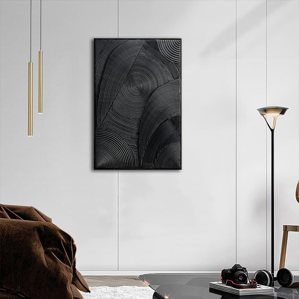 Slyart Black Textured Wall Art, Handmade Contemporary Art 3D Abstract Relief Painting, Framed Thick Texture Vertical Wall Art