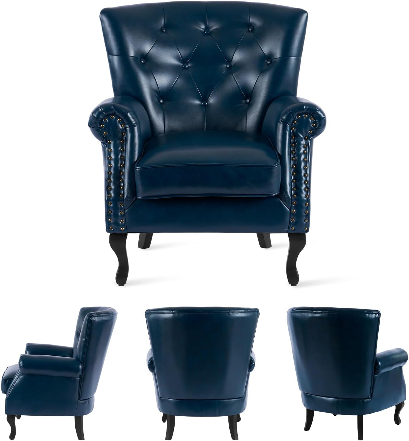MOJAY PU Leather Accent Chair Set of 2, Mid-Century Modern Armchair Living Room Club Chair with Tufted Button & Rivet Trim, Upholstered Sofa Chair with Sturdy Wood Legs for Bedroom (Navy)