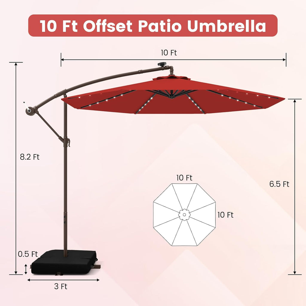 Tangkula 10FT Offset Patio Umbrella with Base Included, Outdoor Cantilever Umbrella with 40 Solar LED Lights, Tilt Adjustment, Crank Handle, Vented Top, Sand Bags for Pool Yard Deck (Burgundy)