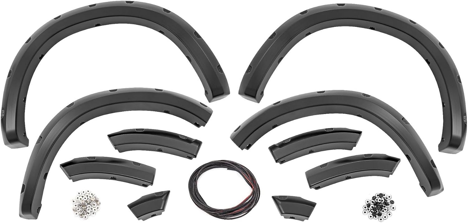Rough Country Pocket Fender Flares for Ram 1500 2WD/4WD (2009-2018) - Bolt-on Rivet Style, UV-Resistant ABS, Paintable Matte Black