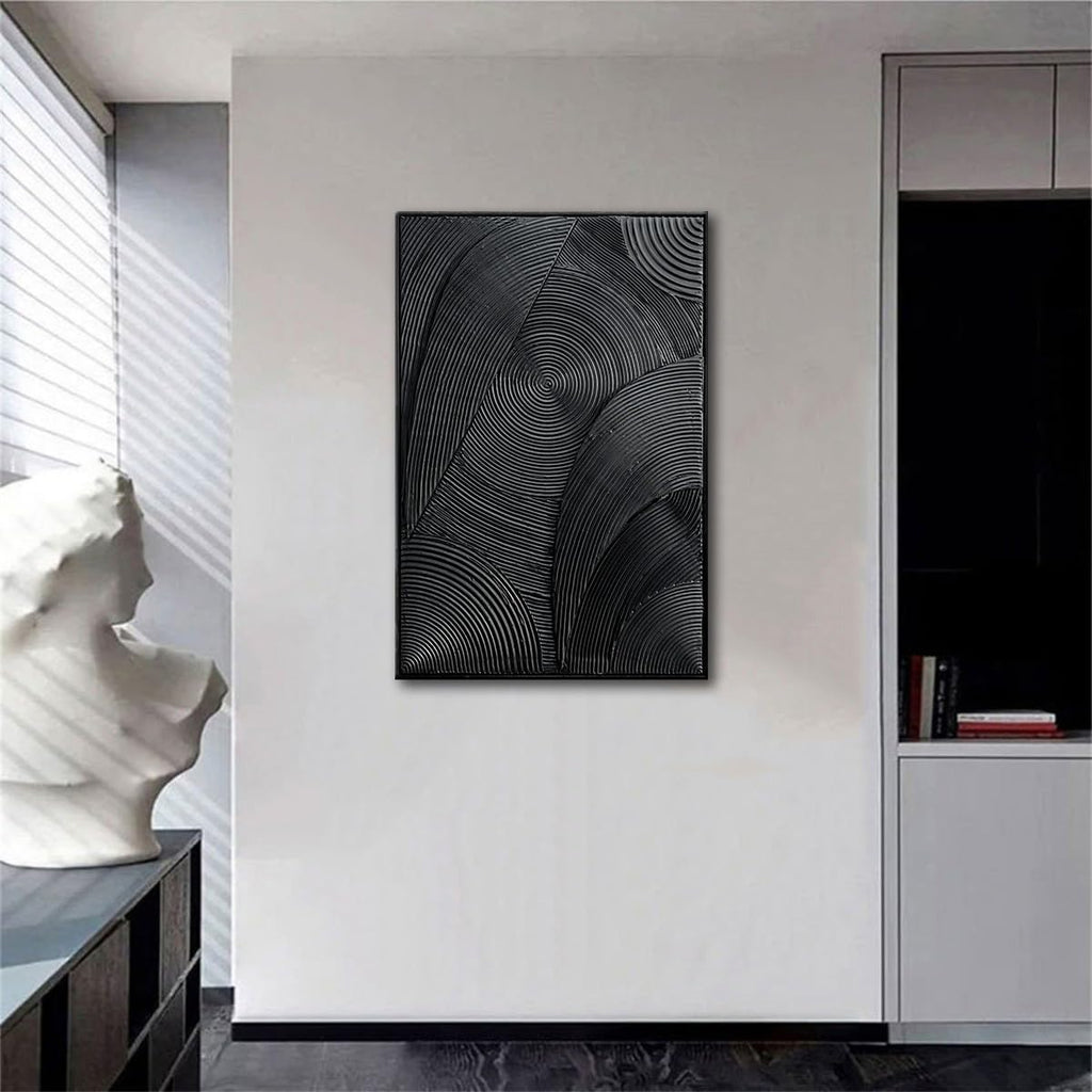 Slyart Black Textured Wall Art, Handmade Contemporary Art 3D Abstract Relief Painting, Framed Thick Texture Vertical Wall Art