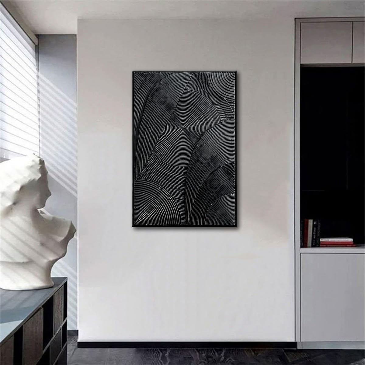 Slyart Black Textured Wall Art, Handmade Contemporary Art 3D Abstract Relief Painting, Framed Thick Texture Vertical Wall Art