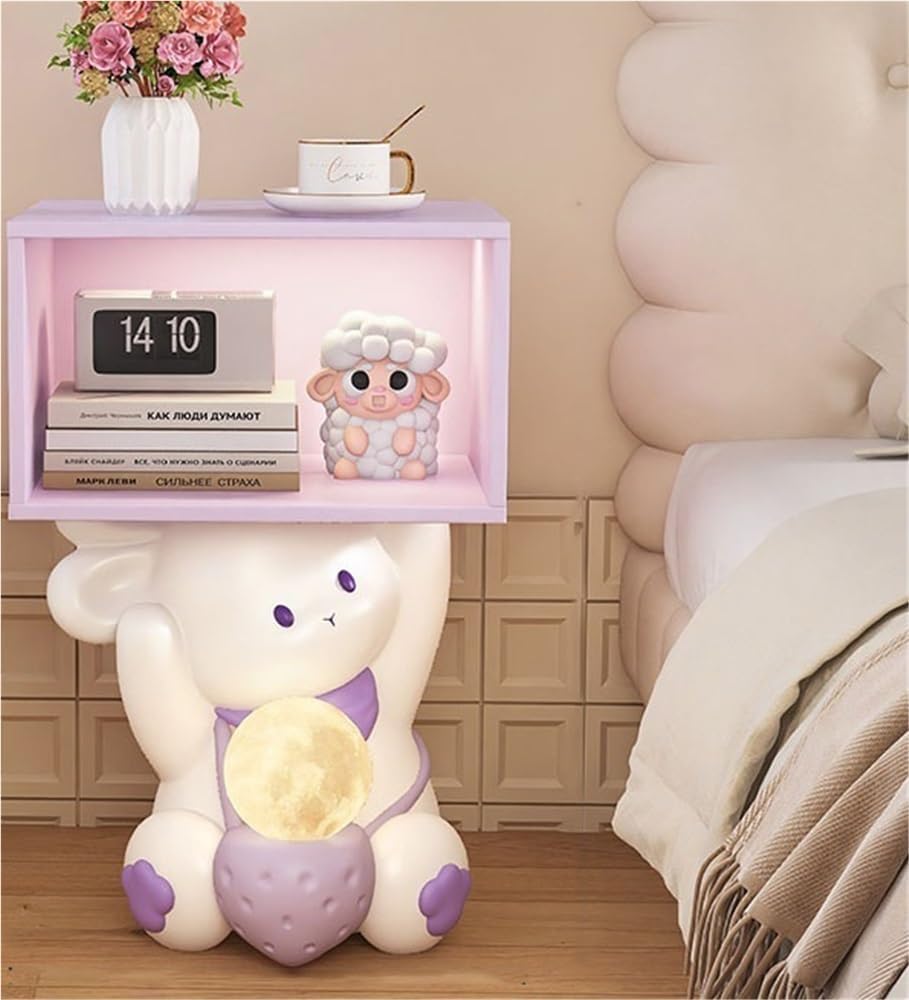 Decorative Bedside Table with Moon Lamp, Cute Nightstand with USB Charging, 3-Colour Adjustable Lighting, Small End Table with Open Storage Shelf(Purple)