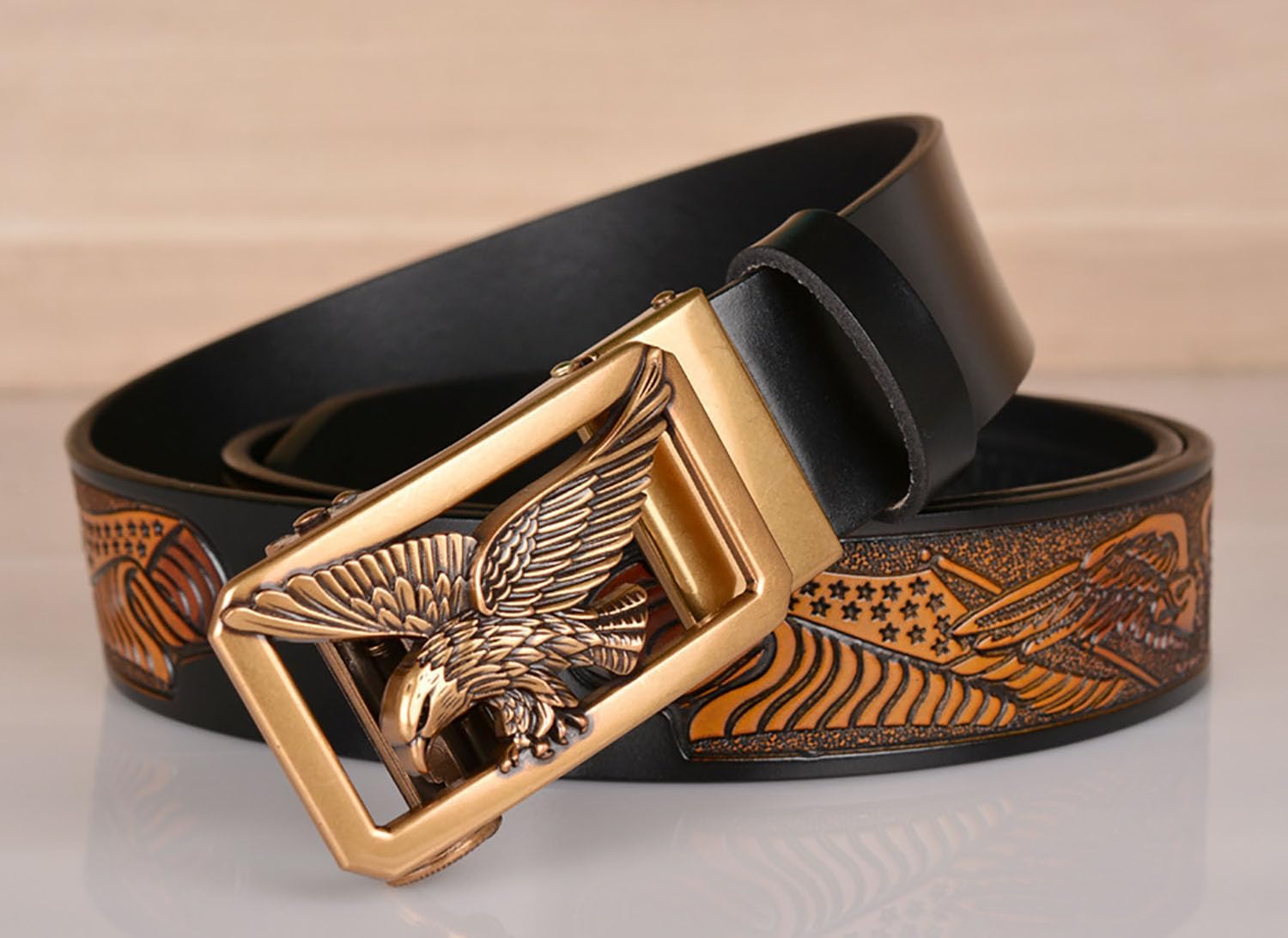 Mens Ratchet Leather Belt, Genuine Leather belts, Engraved Vintage Dragon Eagle Tiger Buckle, Business leisure belt