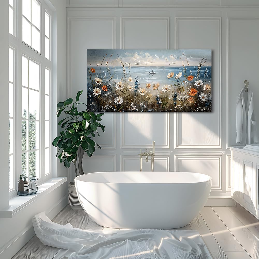 MHARTK66 Wall Art for Living Room Large Beach Painting Ocean Wildflower Canvas Artwork Framed Coastal Landscape Artwork Seascape Nature Rustic Picture for Office Bedroom Home Wall Decor 60x30in