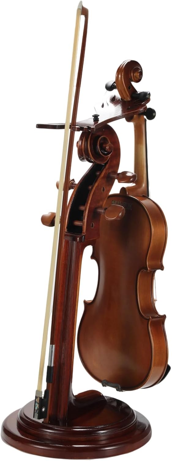 Solid Wood Violin Stand with Bow Holder - No Assembly Needed, Heavy-Duty 4/4 Size Display, Handcrafted Cut-Out Design for Home/Studio/Stage