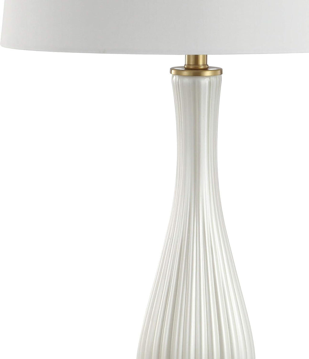 JONATHAN Y 33.7' White Iridescent Fluted Glass Table Lamp, Contemporary Glam Bedside Lamp with Brass Gold Base and White Faux Silk Shade, LED Bulb Included JYL2071A