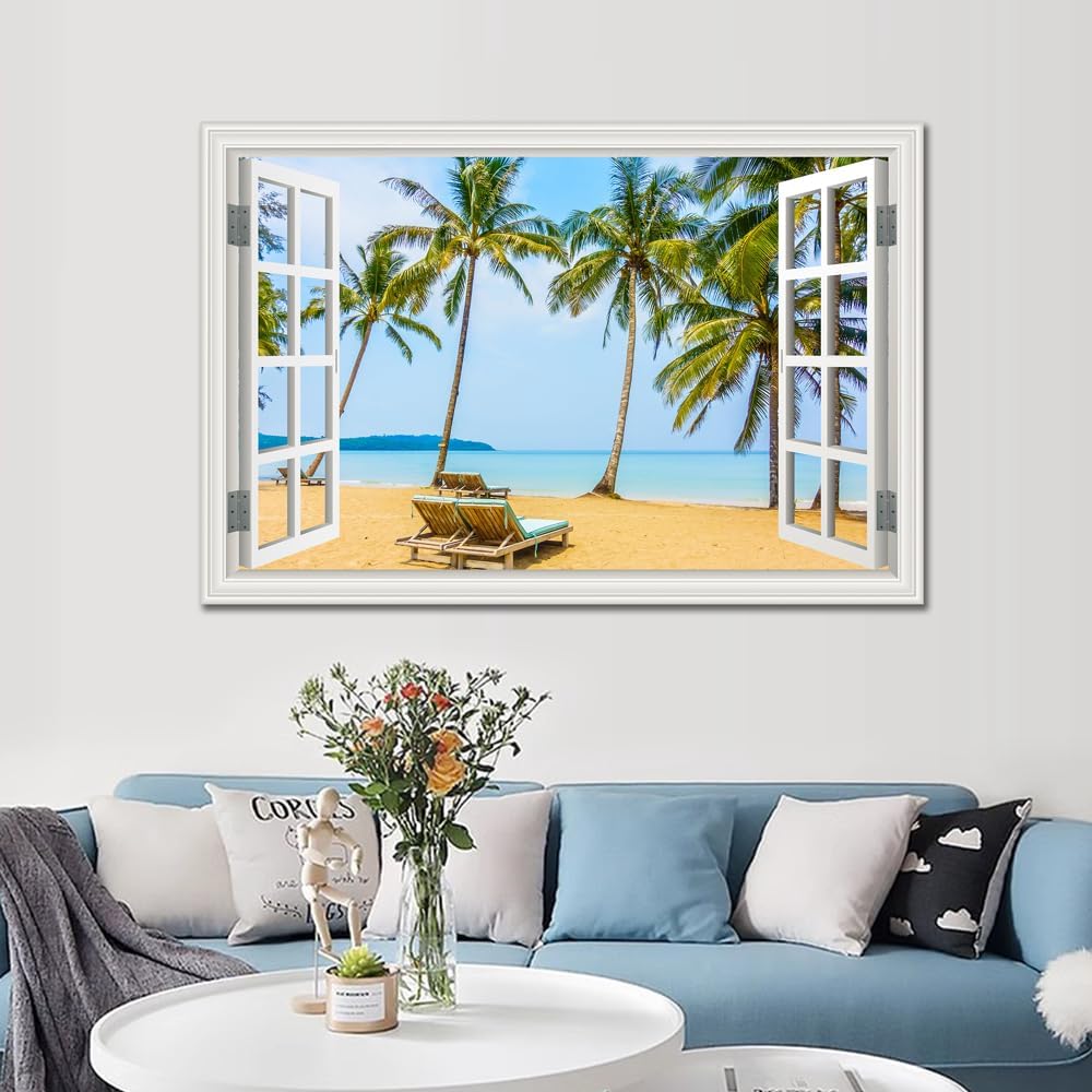 Beach Canvas Wall Art Picture for Living Room White Fake Window Frame Style Blue Tropical Palm Tree Art Print Ocean Wall Painting for Bedroom Extra Large Blue Seascape Theme Coastal Artwork for Home Office Basement Decorations32x48inch