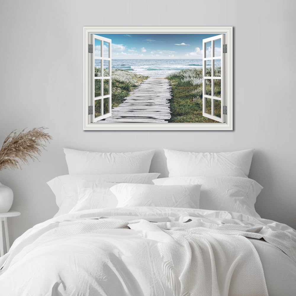 Ocean Canvas Wall Art Decor for Living Room Beach Flowers Path Pictures for Bedroom White Fake Window Frame Style Seascape Painting Extra Large Blue Coastal Landscape Art Print Hone Office Kitchen Basement Decorations 32' x 48'inch