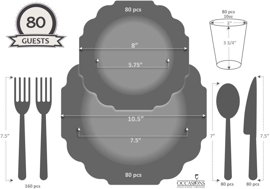 ' OCCASIONS ' 640 Piece set (80 Guests)-Heavyweight Wedding Party Disposable Plastic Plate Set - 80 x 10.5'' + 80 x 8'' + Silverware + Cups + Napkins (Imperial in White & Black & Gold)