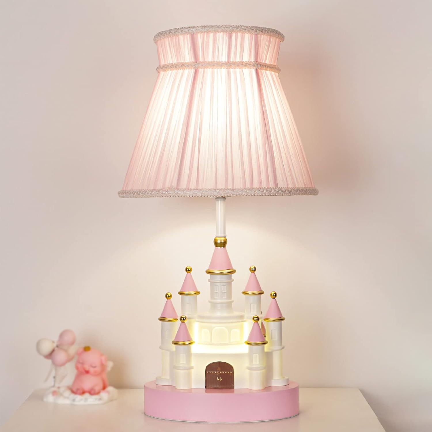 Cartoon Kids Castle Shape Resin & Fabric Shade Table Lamp - Pink, Modern, Cute for Girl's Room, Bedroom, Nursery & Living Room