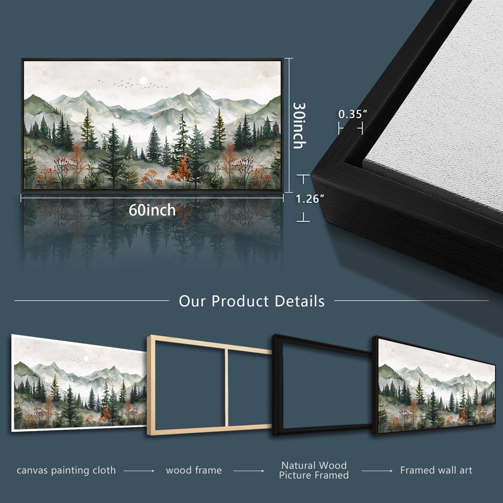 ZUITINGHUA Black Framed Canvas Wall Art For Living Room Large Wall Decor For Office Bedroom Decorations Forest Mountain Pictures Modern Paintings Artworks Mural Aesthetic Home Decor 30x60 In