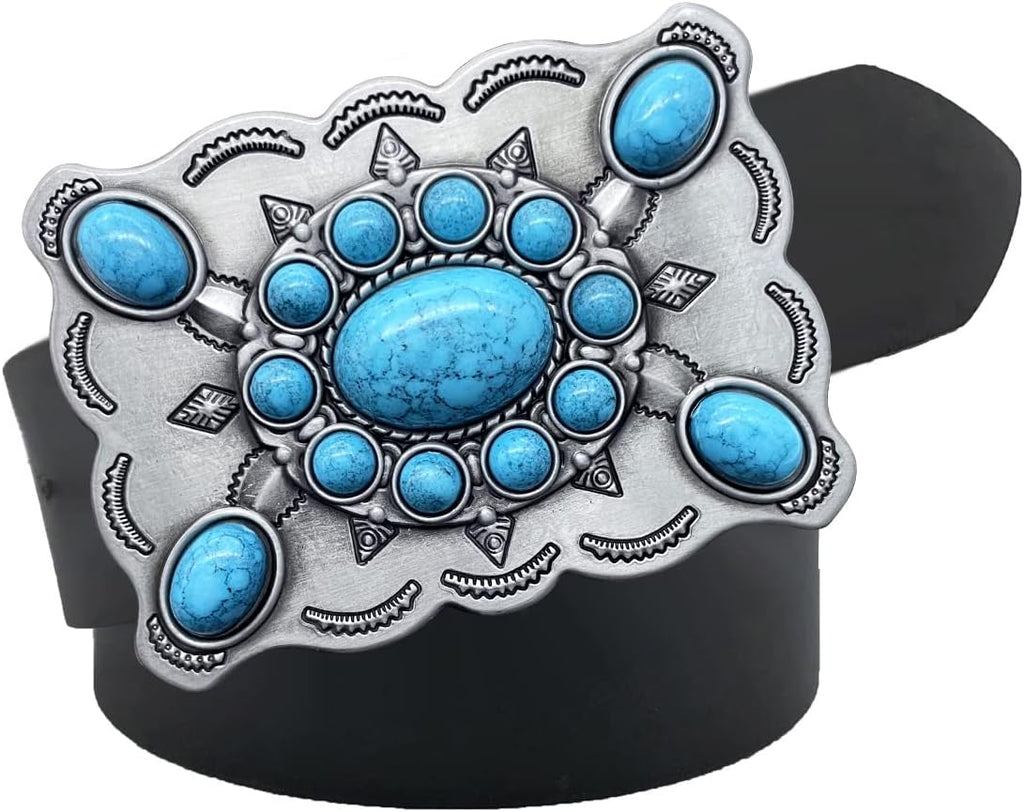 Men's Western Belt Buckle - Vintage Turquoise with Native American & Cowboy Elements