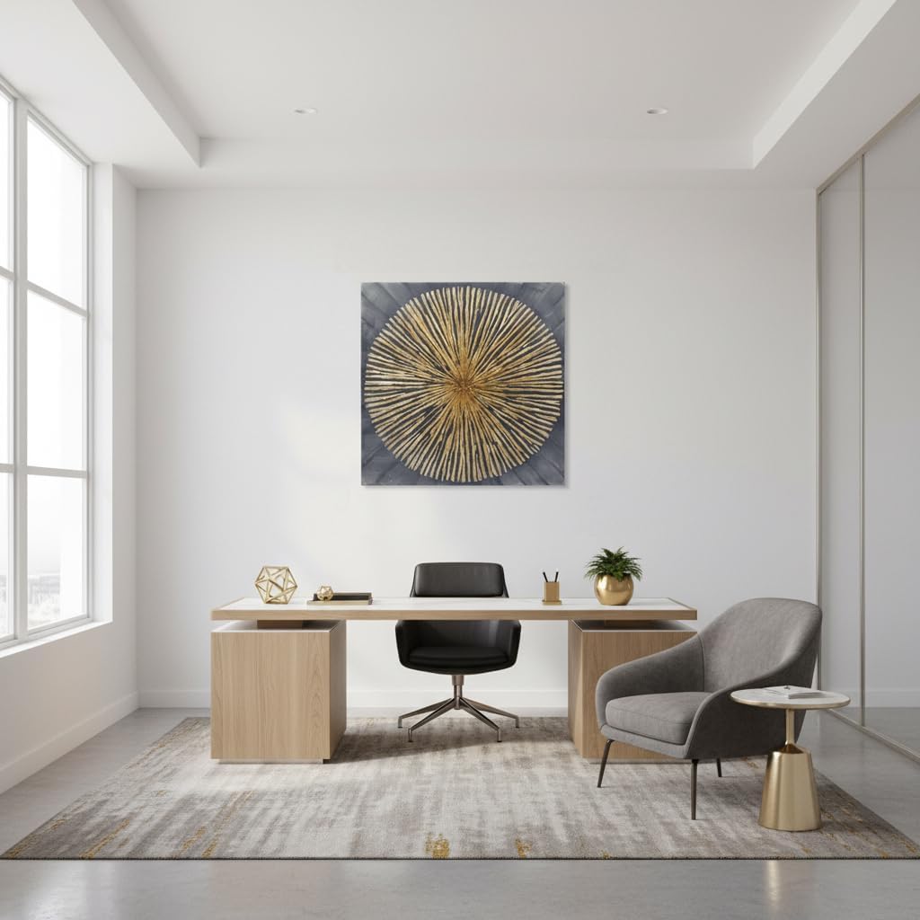 7Fisionart Large Abstract Sunburst Canvas Wall Art Gold Sunburst on Gray Background Textured Modern Canvas Prints Artwork for Bedroom Living Room Kitchen Home Office 40'x40'