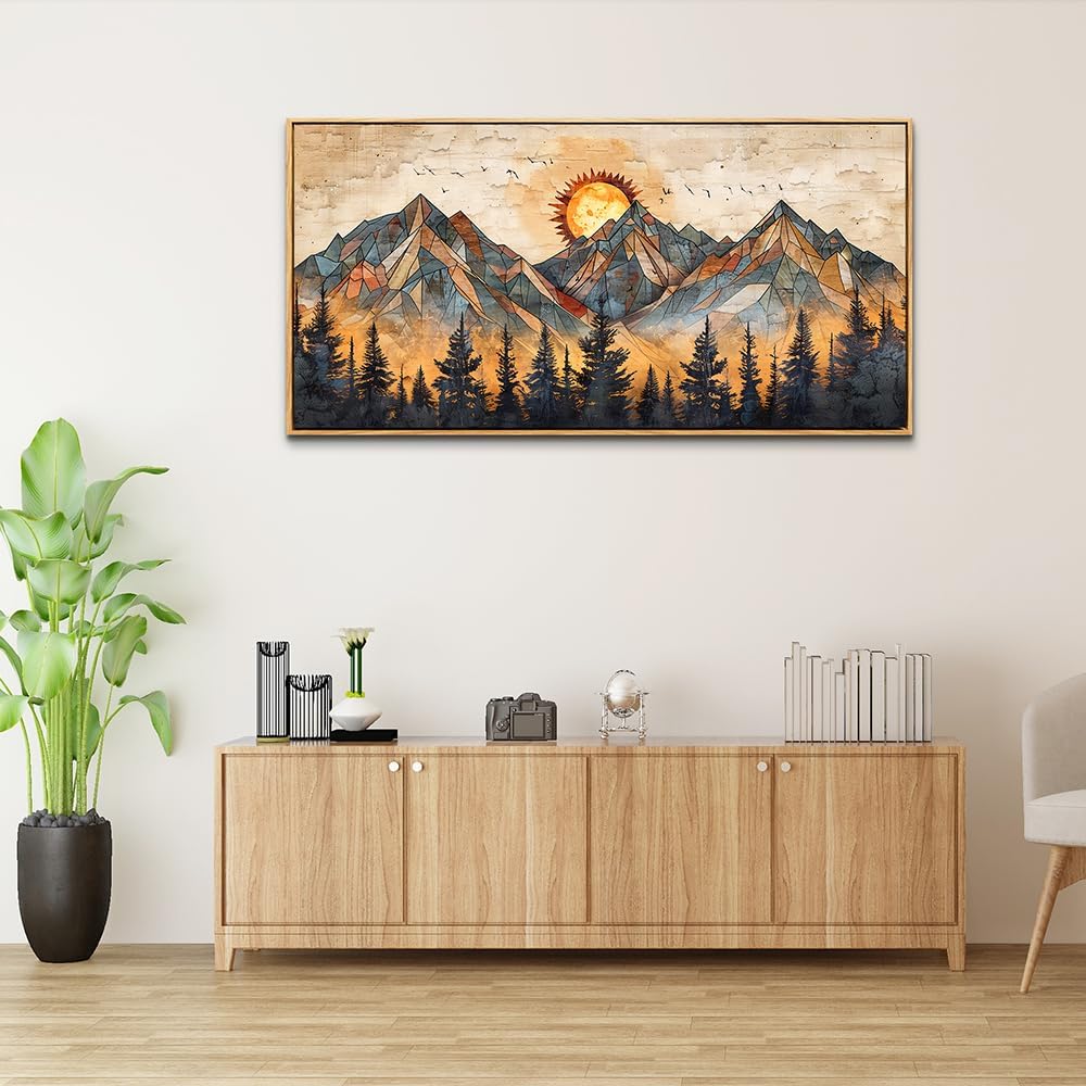 ZUITINGHUA Boho Wall Art For Living Room Large Canvas Wall Decor For Bedroom Office Decorations Abstract Wall Paintings Mountain Landscape Pictures Modern Home Mural Artwork Wood Framed 24x48 In