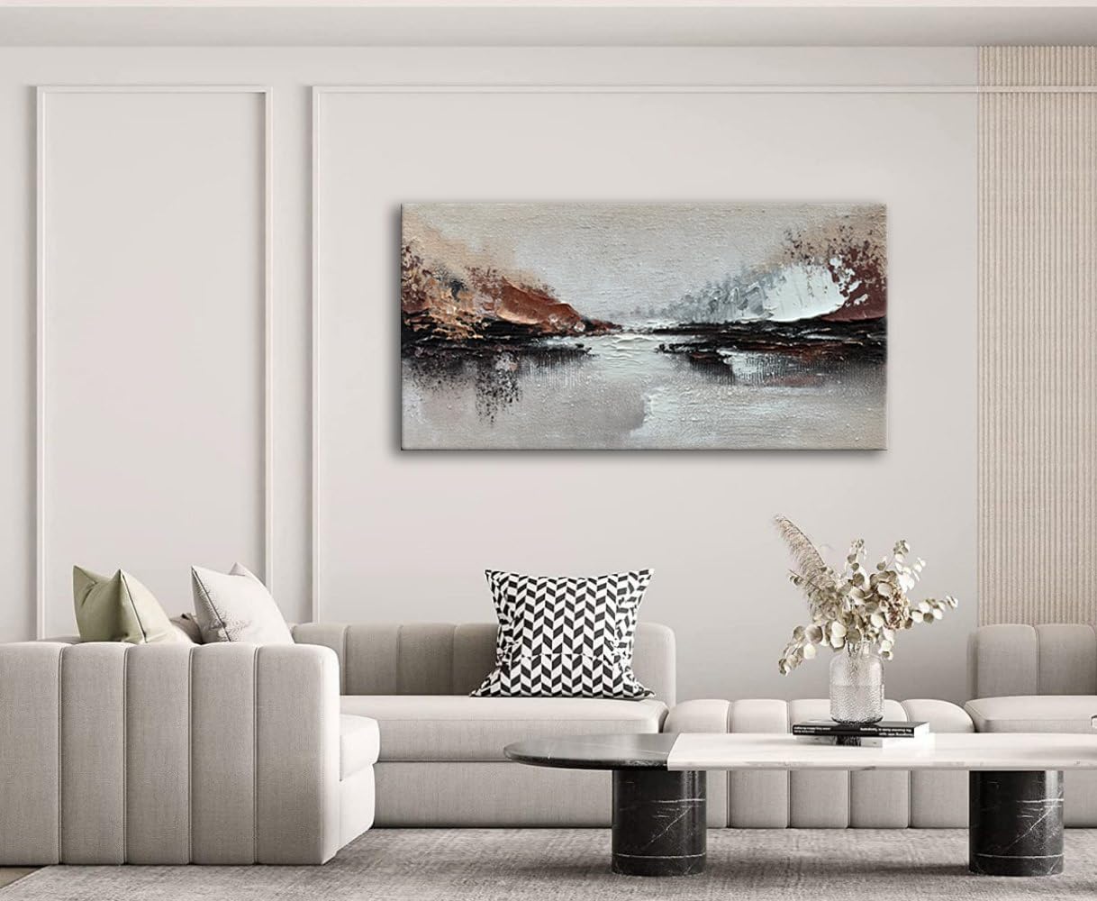 Slyart Hand Painted Abstract Landscape Texture Wall Art, 3D Modern Oil Painting on Canvas, 24'x48' Large Abstract Paintings for Living Room
